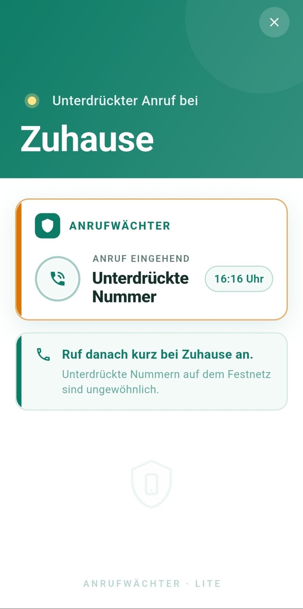 AnrufWächter Alert-Bildschirm zeigt unterdrückten Anruf bei Zuhause
